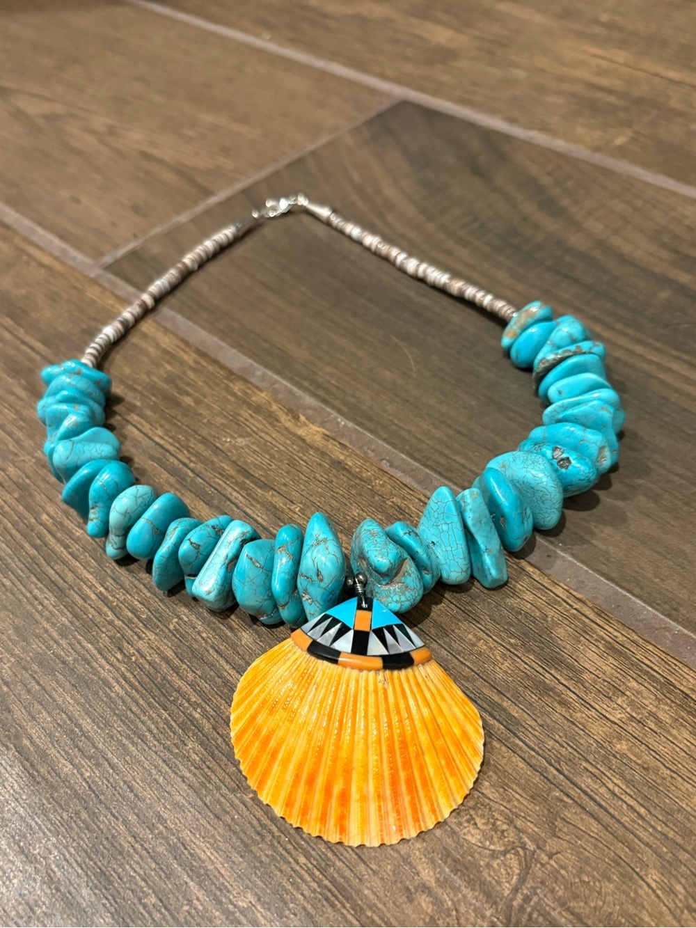 Santo Domingo Style Turquoise Bead Necklace with Orange Shell Pendant